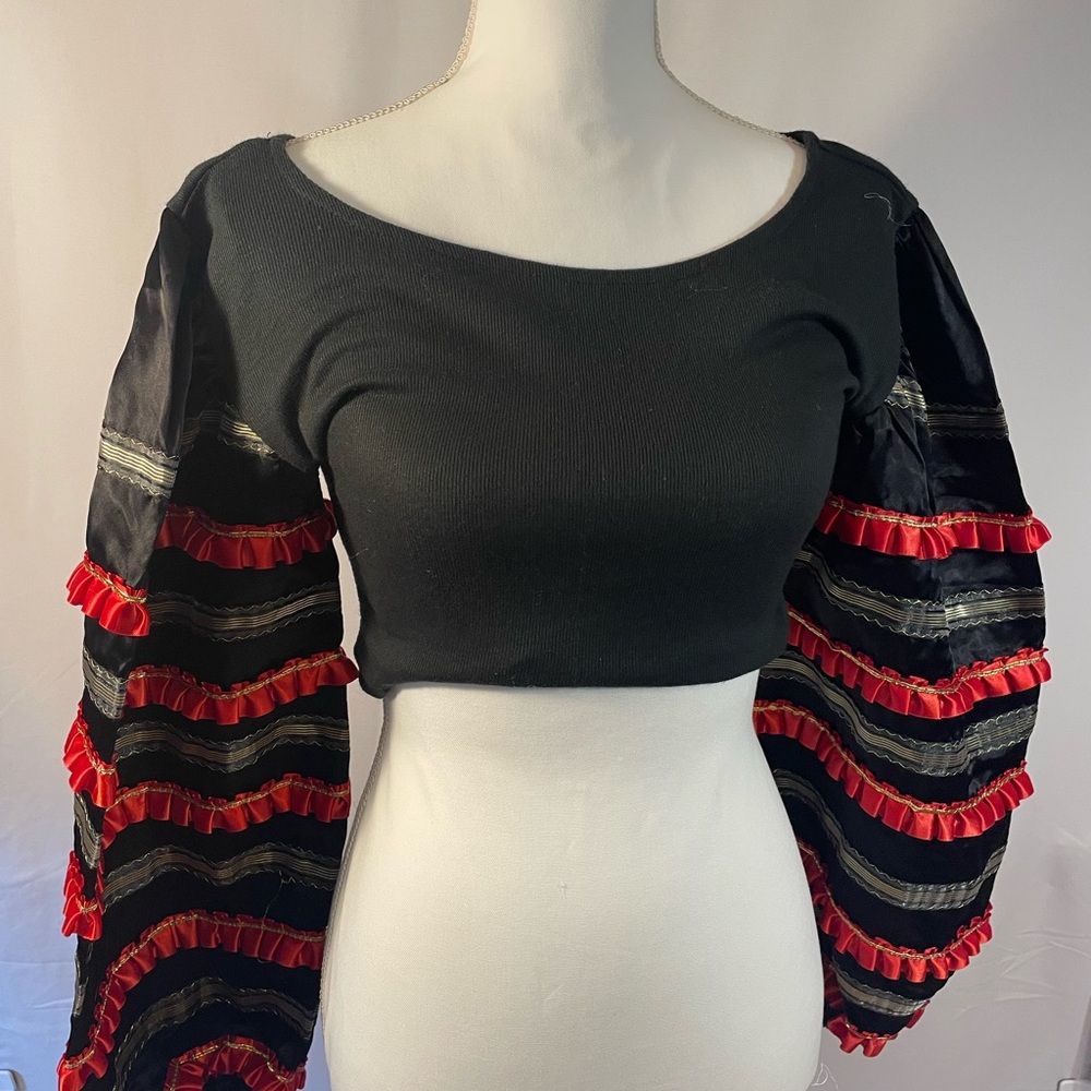Black and Red Ruffled Sleeve Top Latin Style Small Ladies